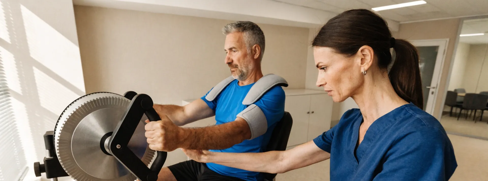 Eine Physiotherapeutin in blauer OP-Kleidung beaufsichtigt einen Mann mittleren Alters, der während einer Physiotherapie-Sitzung in einem hellen Behandlungsraum ein Arm-Ergometer zur Rehabilitation benutzt.